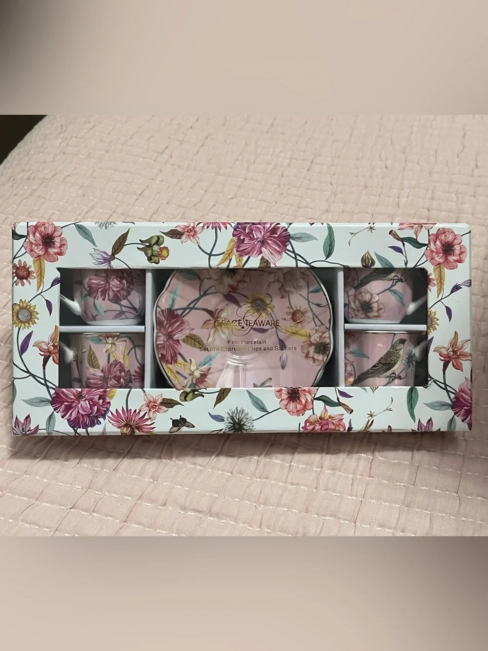 Grace Teaware Floral Porcelain espresso coffee Tea Set Pink floral flowers bird